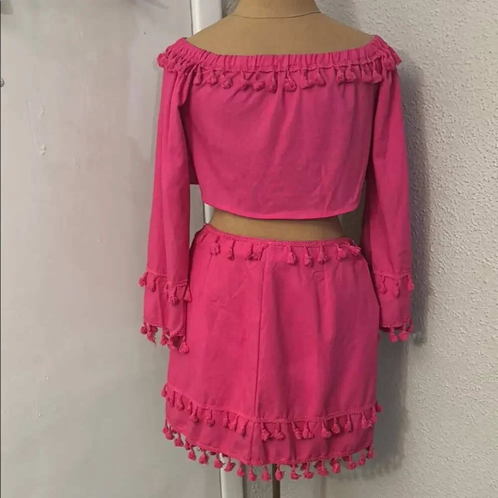 SHEIN Pink Two Piece Tassel Skirt Set 4 Rainbow Summer Boho Coquette Girl Baddie